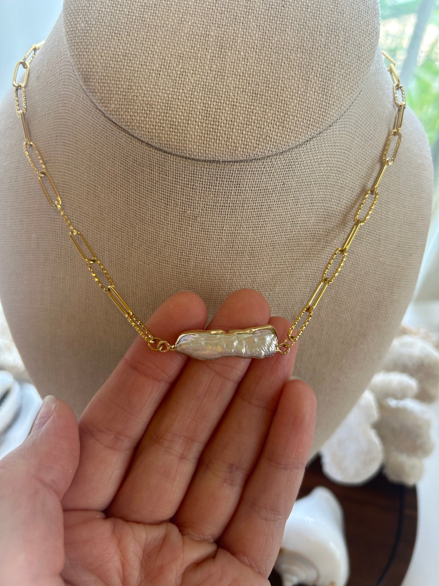 Fluid Form Mother of Pearl Bar Necklace