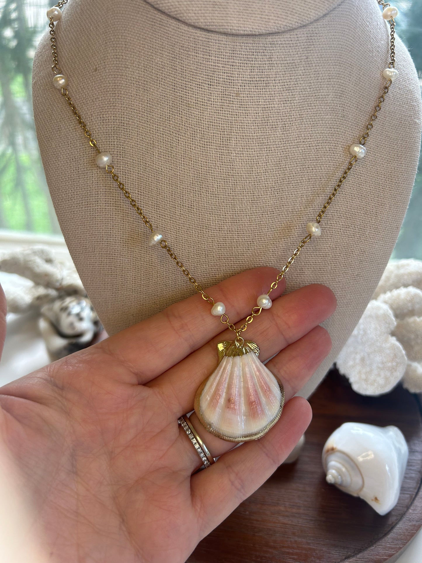 Pink Toned Shell & Pearls Necklace