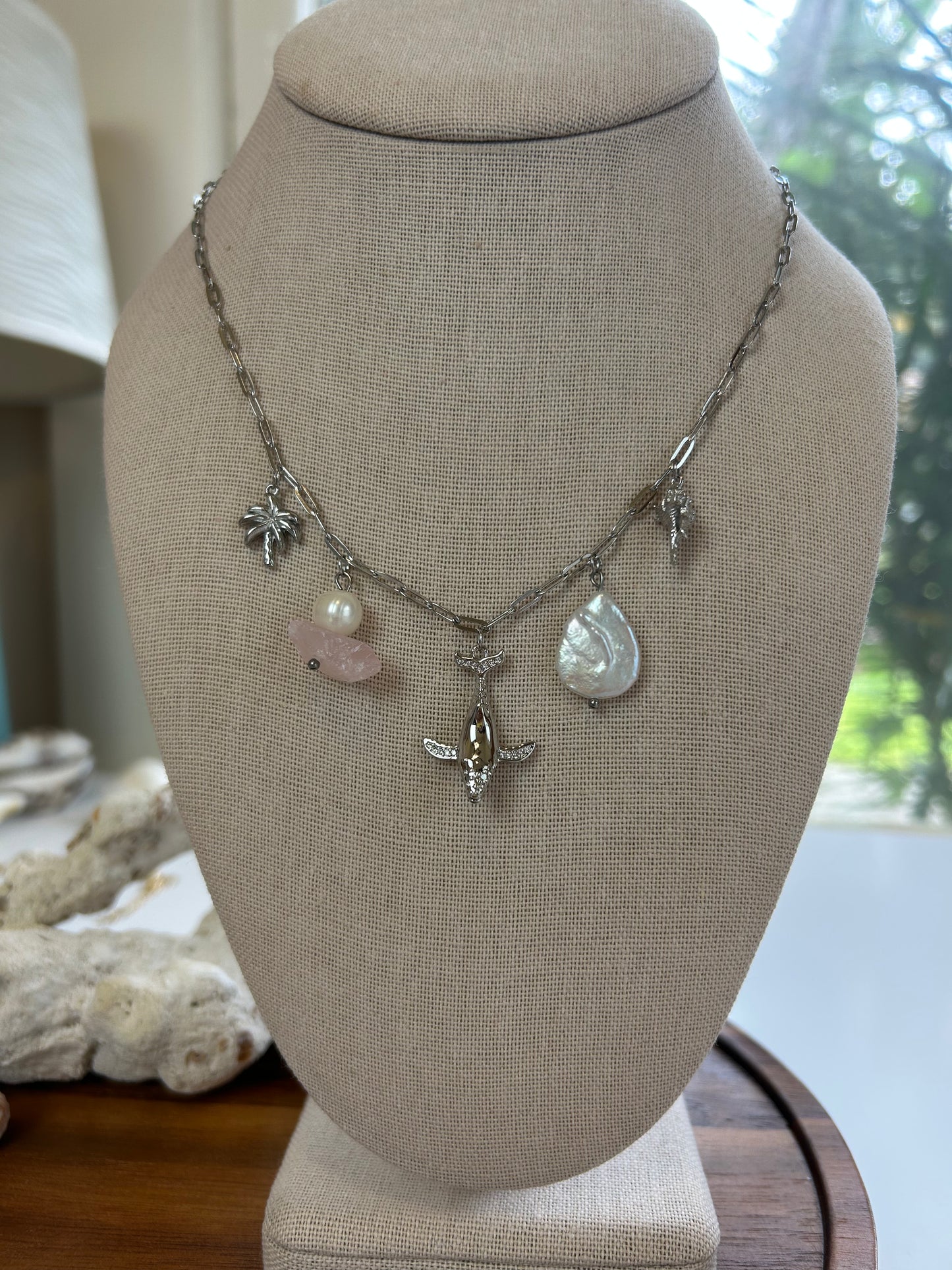Whale Charm Necklace Stainless Steel & Pearls