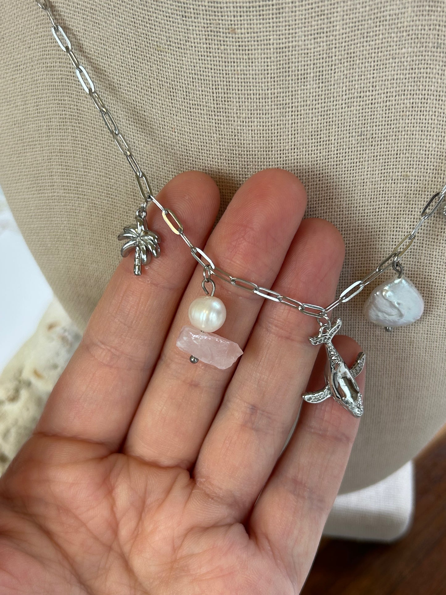 Whale Charm Necklace Stainless Steel & Pearls
