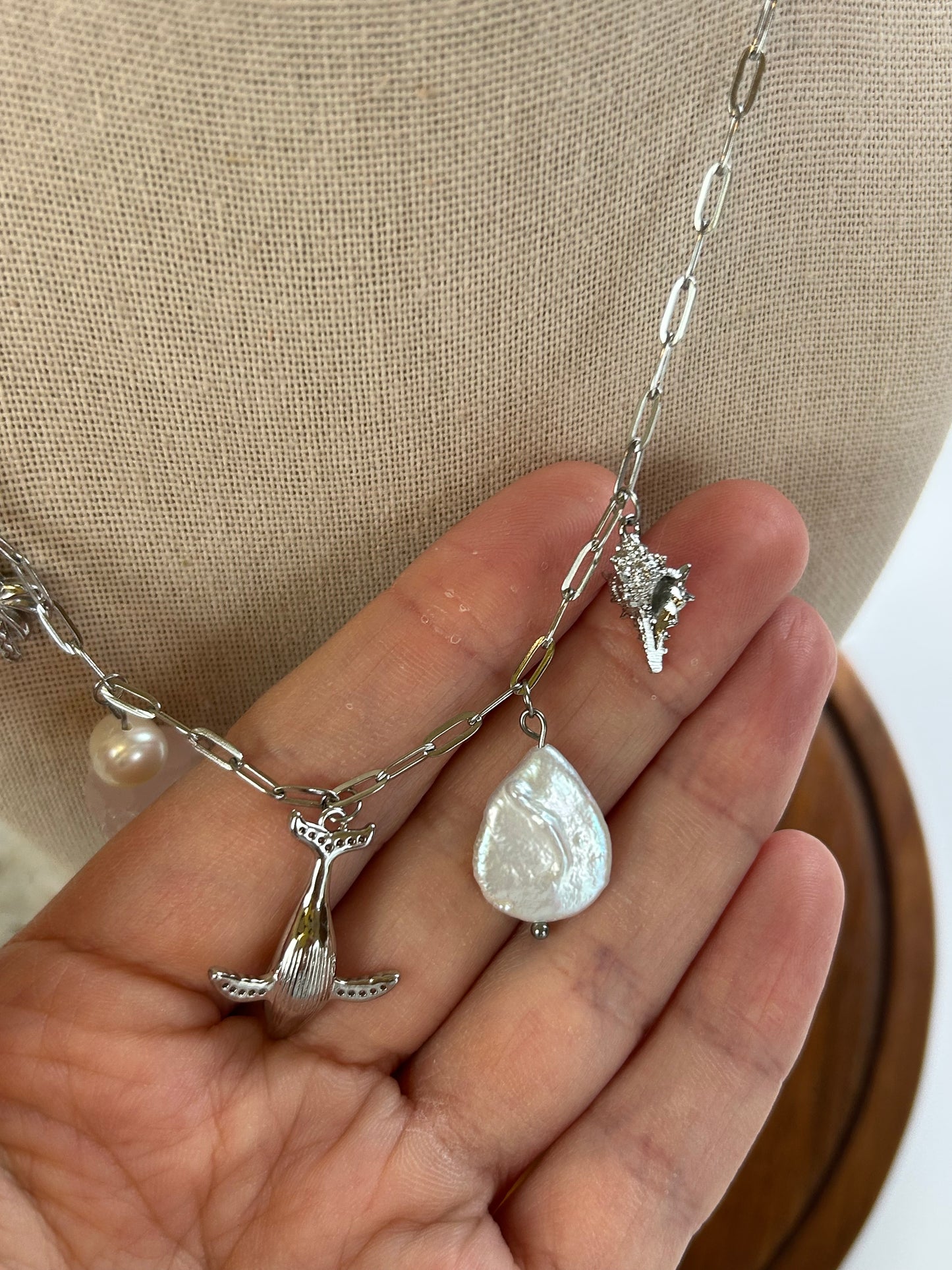 Whale Charm Necklace Stainless Steel & Pearls