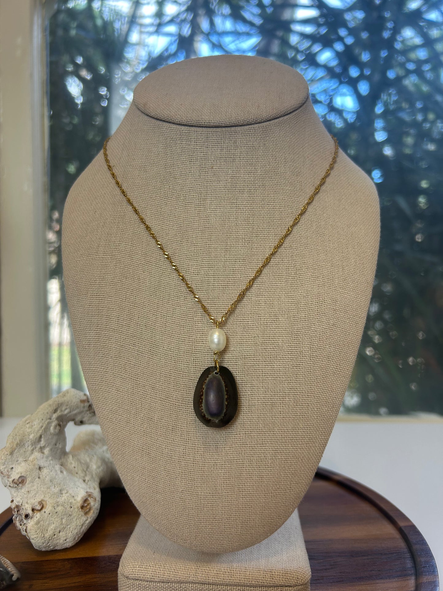Cowrie Shell & Pearl Drop Pendant Necklace