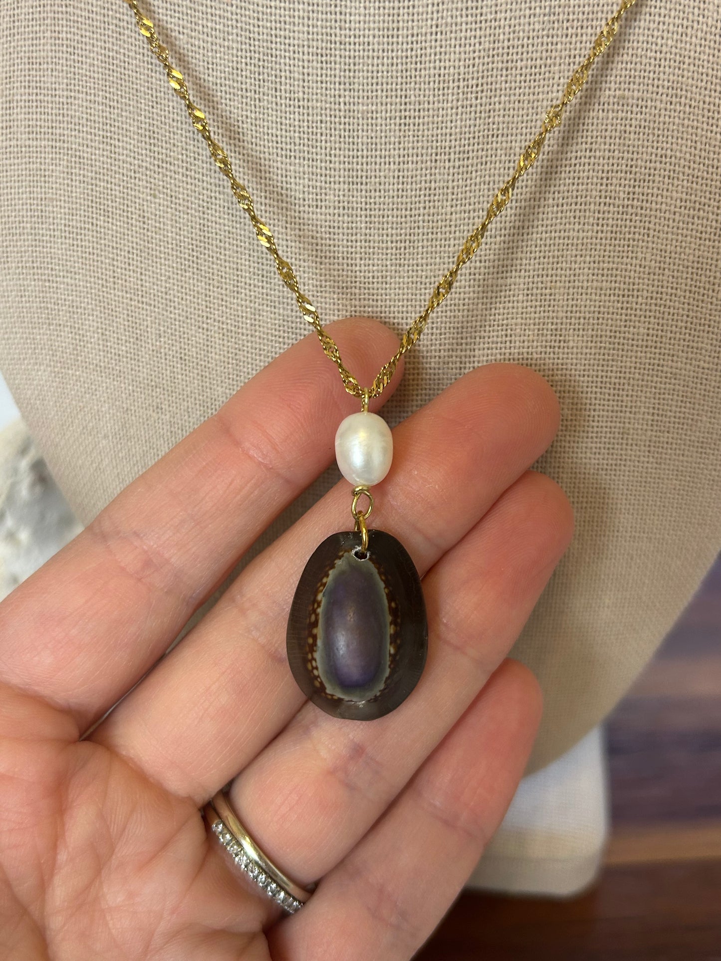 Cowrie Shell & Pearl Drop Pendant Necklace