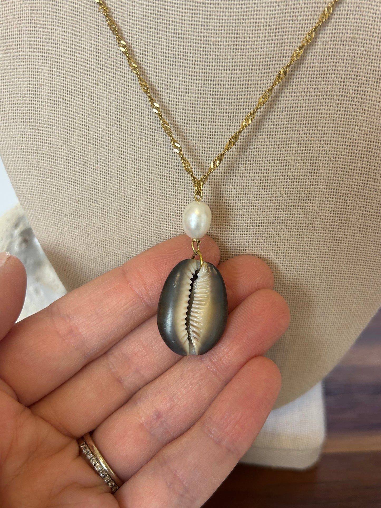 Cowrie Shell & Pearl Drop Pendant Necklace