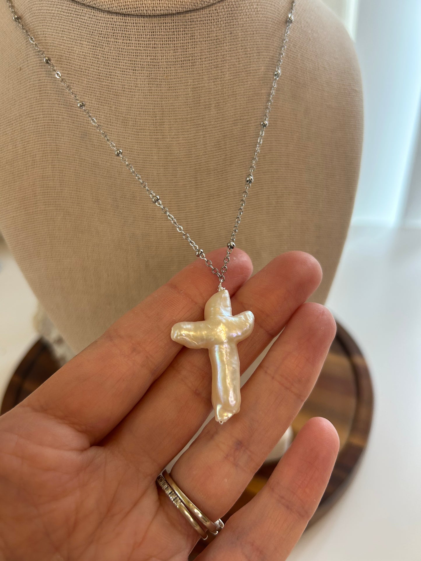 Baroque Pearl Cross silver Tone Pendant Necklace