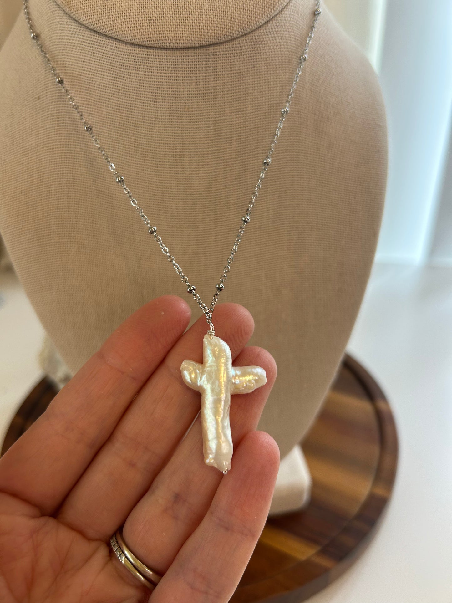 Baroque Pearl Cross silver Tone Pendant Necklace